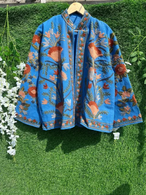 Indien Bleu Marine Coton Floral Suzani Imprimé Veste Femmes Vêtements Vestes US
