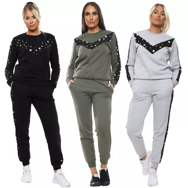 Womens Side Panel Star Print 2 Piece Loungewear Running Gym Co-Ord Tracksuit Set