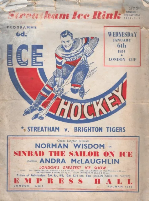 1954 Streatham v Brighton Tigers Ice Hockey Programme (6/1/54)