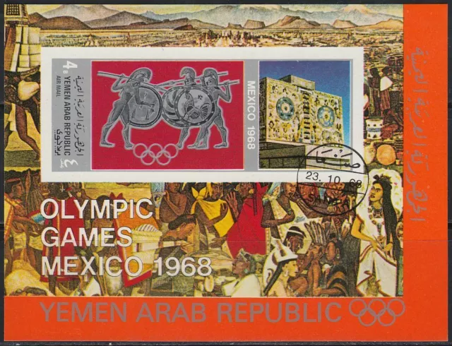 Yemen A.R. 1968 used Bl.77 Olympische Spiele Olympic Games Mexico Griechenland