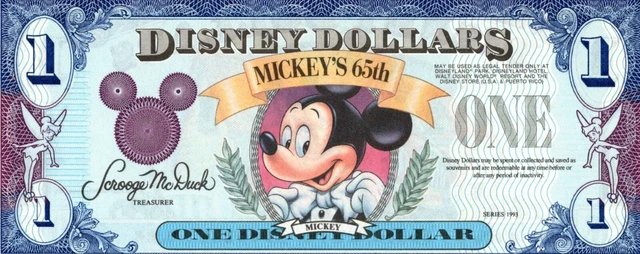 1993 Disney Dollar Mickey's 65th Birthday, No Serial Number, PROOF 1993 Disney Dollar Mickey's 65th Birthday, No Serial Number, PROOF