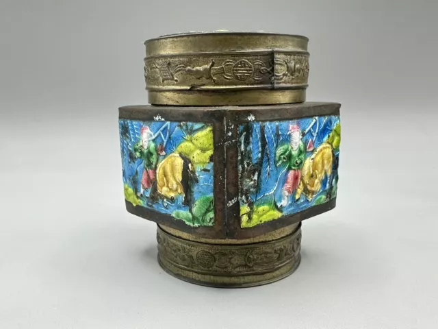 Vintage Antique Chinese Brass And Enamel Champleve Tea Caddy & Bowl OLD 3