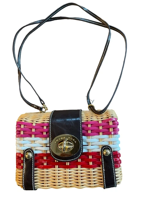 Trina Turk Juliet Wicker Crossbody Bag Structured Pink Red White Tan