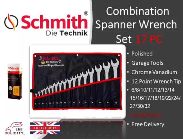 17 pc Set Combination Spanner Wrench Metric 6-32 Chrome Vanadium Storage Schmith