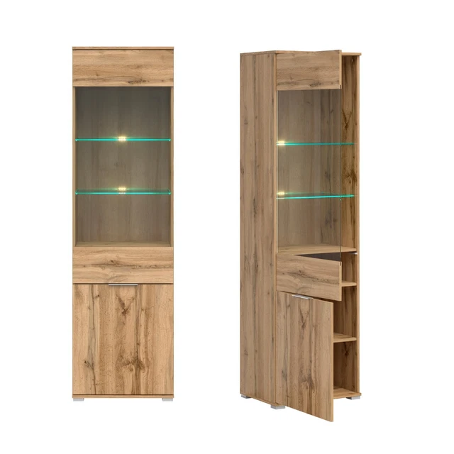 GLASS DISPLAY Tall Slim 2 Door Glazed Shelving Unit LEDs Oak