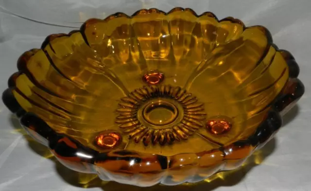 Vintage Indiana Amber Glass 11" Footed Centerpiece Fruit Bowl Sunflower Center
