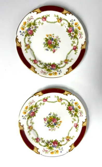 2 Shelley Dubarry Burgundy Red Bread & Butter Side Plates 6"  Floral England