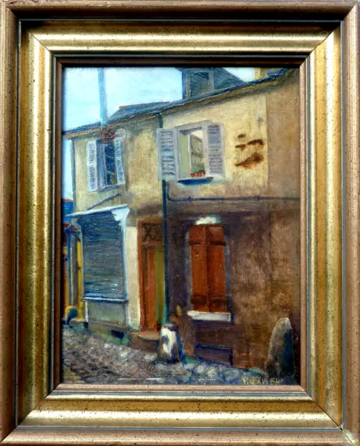 Ancien tableau peinture huile sur panneau signé, vieux Paris Montmartre 1954