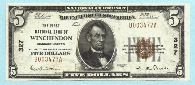 $5 National Currency 1929 - Type 1 - Ch#327 - 1st NB, Winchendon, MA - ChVF