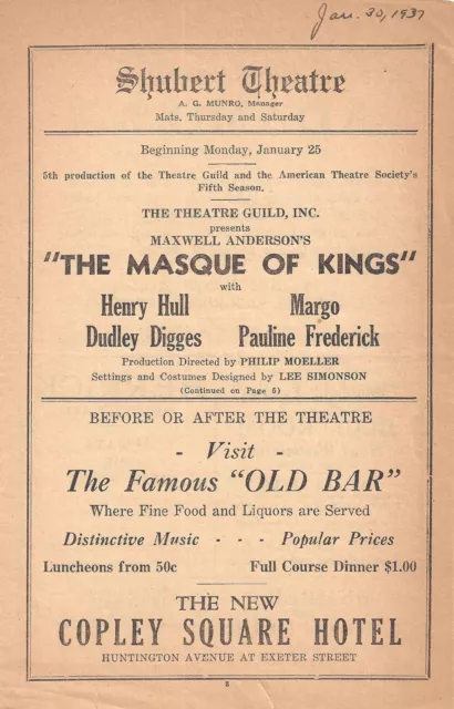 Pauline Frederick "MASQUE OF KINGS" Margo / Maxwell Anderson 1937 Tryout Program