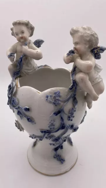 Sitzendorf Footed Vase With Pair Cherubs German Late 19th Century Blue White