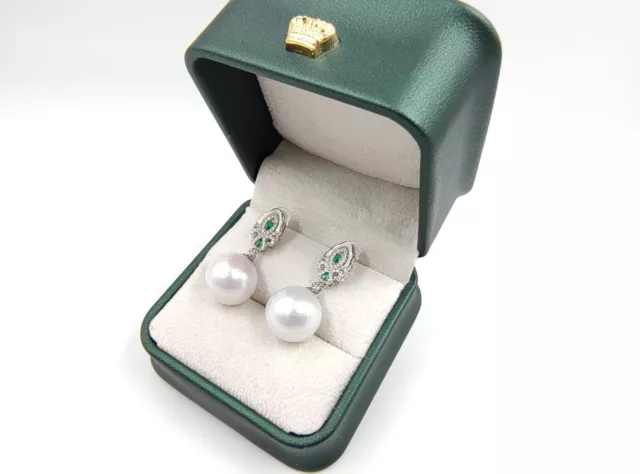 Super Large Size 14mm Seawater White Pearl Earrings Platinum PT950  Emerald