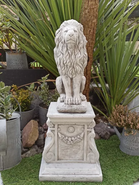 AGED STONE GARDEN SQUARE PLINTH PEDESTAL  AND Upright Large Lion Statue  Set