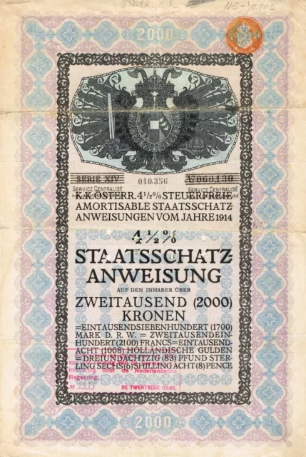 AUSTRIA 4 1/2% 1914 2000 KRONEN stock/bond certificate