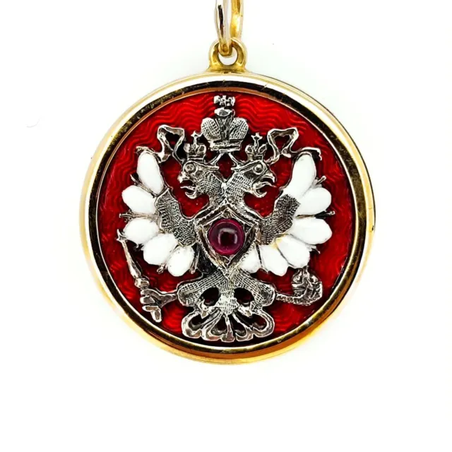 FABERGE Antique Imperial RUSSIAN Enamel Guilloché Pendant with Ruby, 88 silver.