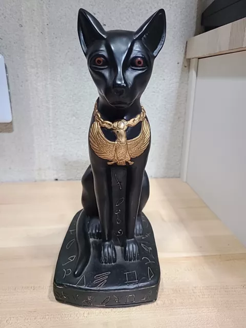 Ancient Egyptian Bastet Black Cat Gold Bird Siamese Sculpture MCM Style 11.5"