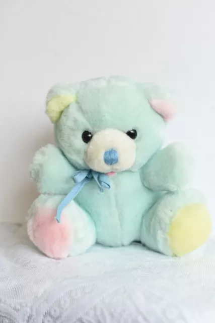 1988 Vtg Westcliff Crib Pals Aqua Blue/Pink/Yellow Plush Baby Teddy Bear (AA)