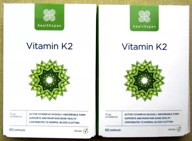 healthspan Vitamin K2 ,75µg, 120 Capsules, Bone & Blood. Vegan. EXPIRY 03/2024