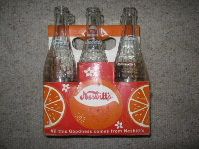 Six Vintage Nesbitt's 10 Oz. Soda Bottles With 6 Pack Carton Los Angeles, Ca