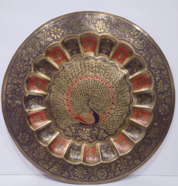 Vintage Decorative Brass Peacock Etched Design Plate Wall Hanging,  India