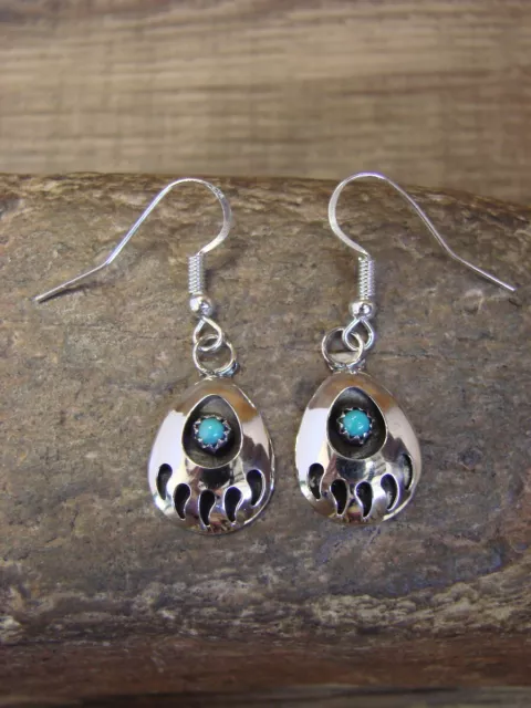 Navajo Indian Sterling Silver Turquoise Bear Paw Dangle Earrings