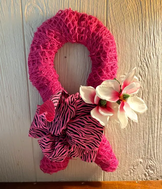 LOVELY CANCER AWARENESS LOOP  WREATH - YARN MADE with FLOWER & BOW -  19" HIGH