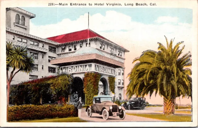 Linen Postcard Main Entrance to Hotel Virginia in Long Beach, California