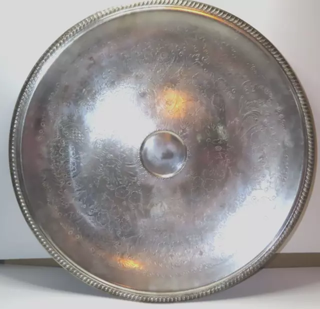 English Silver MFG CORP USA Etched LARGE Round Silver Plate Tray Platter 18.5"