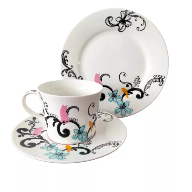 Artique Garden Tales Cup & Saucer & Side Plate Trio CAT BIRD FLOWERS Bone China