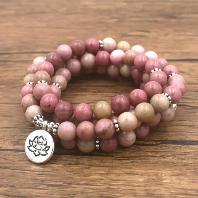 Femmes Yoga Bracelet 108 Mala Rhodonite Thérapeutique Énergie, Spirituel Bliss