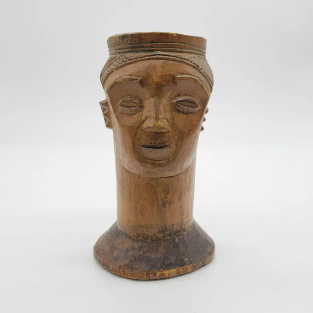 African Koba Palm Wine Drinking Cup Hand Carved Wood Figural 5.5 Inches