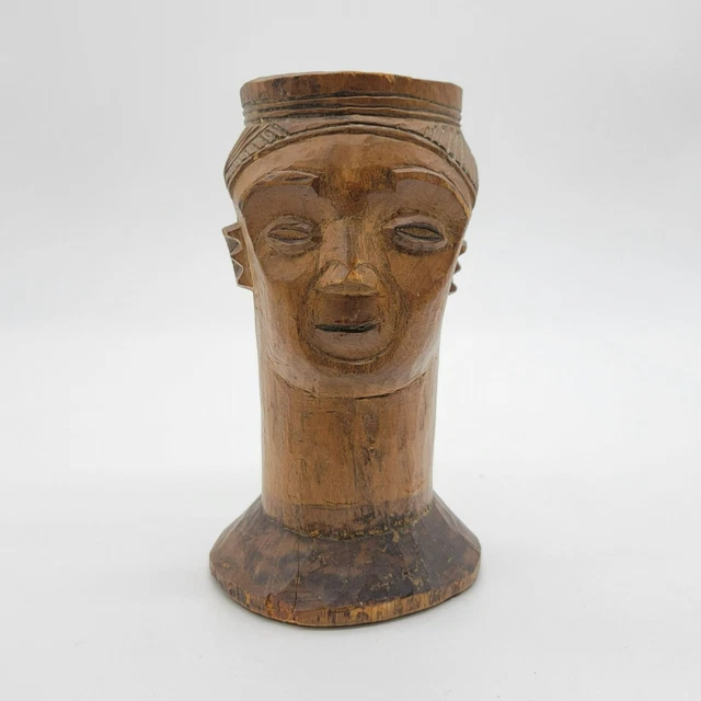 African Koba Palm Wine Drinking Cup Hand Carved Wood Figural 5.5 Inches