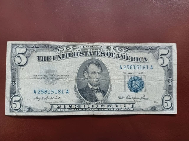 1953 Five Dollar Bill - Silver Certificate - Blue Seal- Circulated - RARE
