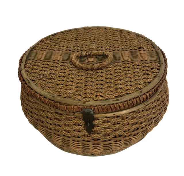 Old Farmhouse Sewing Basket Round Woven Wicker Primitive Wood Bottom Notions
