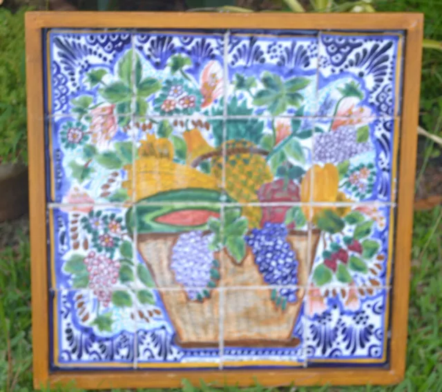 Talavera tile mural art work framed Sebastian De Aparicio fruit basket vintage