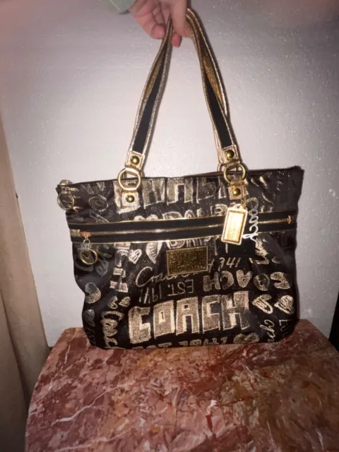 Coach Poppy Black/Gold Metallic Story Patch Glam Bag Tote 15301 Rare