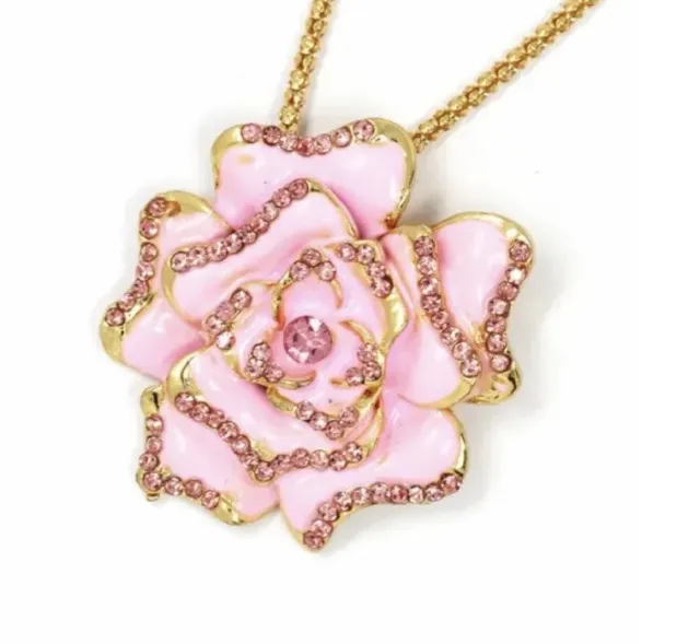 Betsey Johnson Hot Pink Rhinestone Crystal Rose Flower Pendant  Necklace NWT