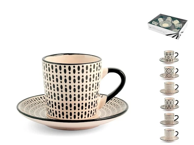 Confezione 6 tazze caffè vhera in stoneware con piatto decoro assortito cc 90