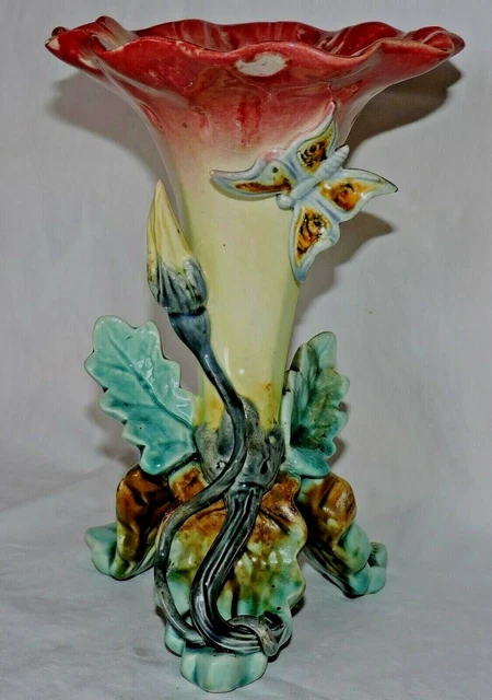 French Majolica Vase Flower with butterfly Fives Lille 1900