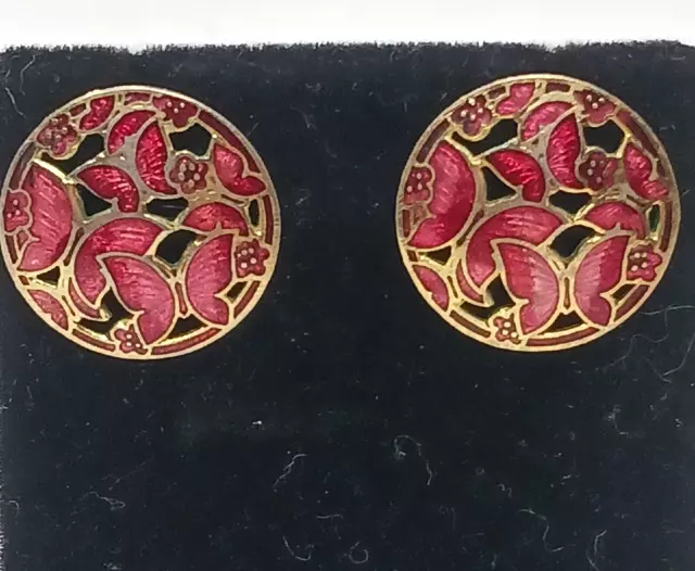 RED CLOISONNÉ BUTTERFLY Filigree Disc Gold Tone Pierced Earrings ...