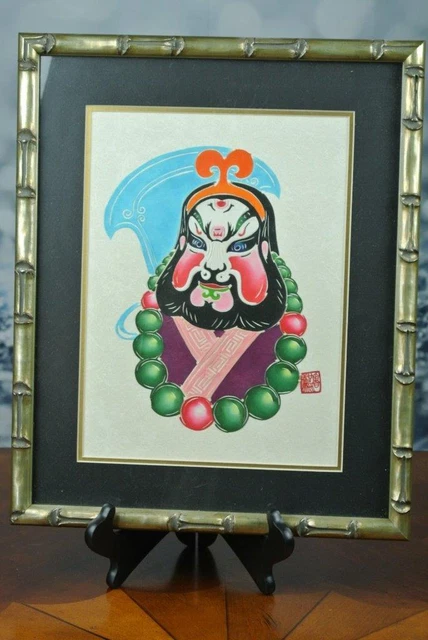 CHINESE OPERA MASK Painting PAPERCUTTING Paper Cut ART Oriental w Bamboo Frame