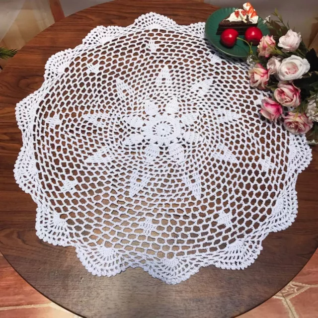 20" White Vintage Hand Crochet Lace Doilies Round Table Cloth Mats Flower Doily