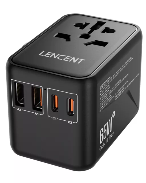 LENCENT Gan III Universal Travel Adapter PD 65W Fast Charger w/ 4 USB Black