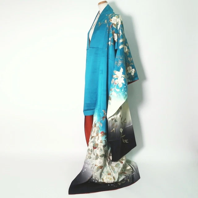 9165D5 Silk Vintage Japanese Kimono Furisode Peony Branch Tall