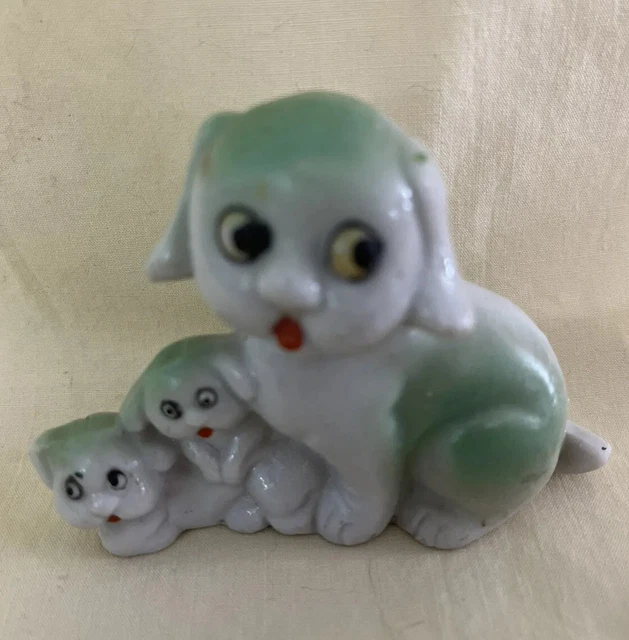 Vintage Little Mom Dog wth 2 Pups Figurine Ceramic Green White 2” Tall Japan