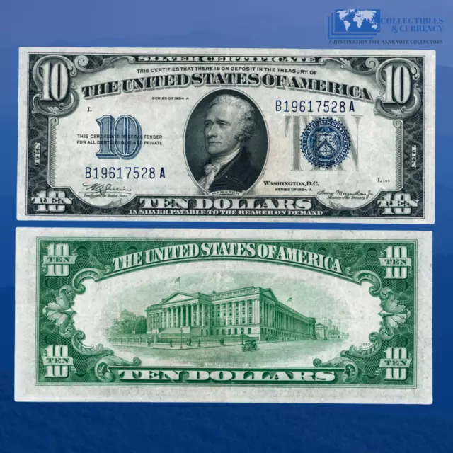 1934A $10 Ten Dollars Silver Certificate Blue Seal, AU Condition #17528