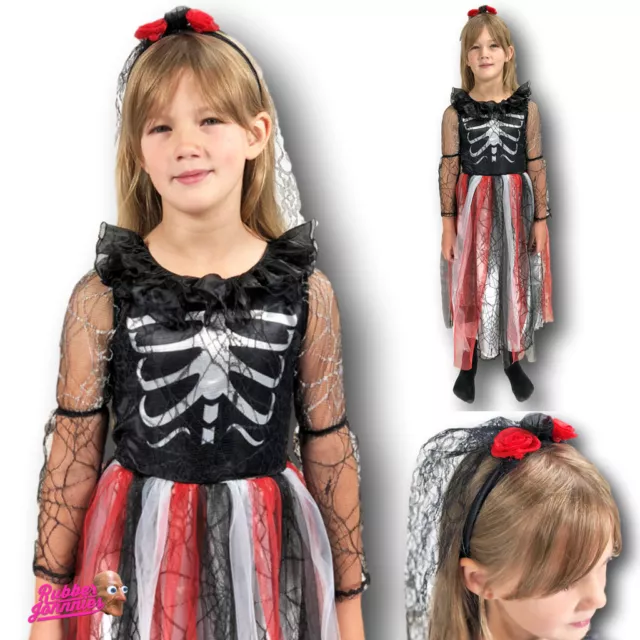 Ragazze Giorno Dei Morti Costume Halloween Scheletro Sposa Bambini Costume