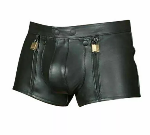 MENS GENUINE COW LEATHER LOCKING BLACK SHORTS with REAR ZIP Clubwear or Bondage