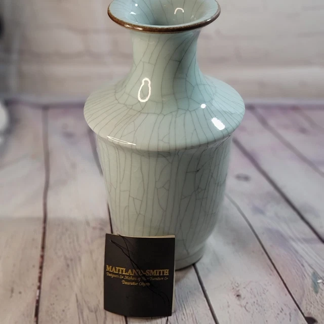 Maitland Smith Celadon Green Crackle Vase with Brown Top Ring Pot 13 x 8