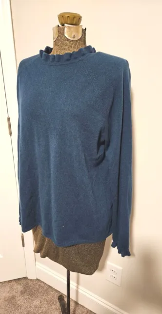 GARNET HILL 100% Cashmere, Ruffled Sleeve/Neck Pullover Sweater Women Sz L Blue